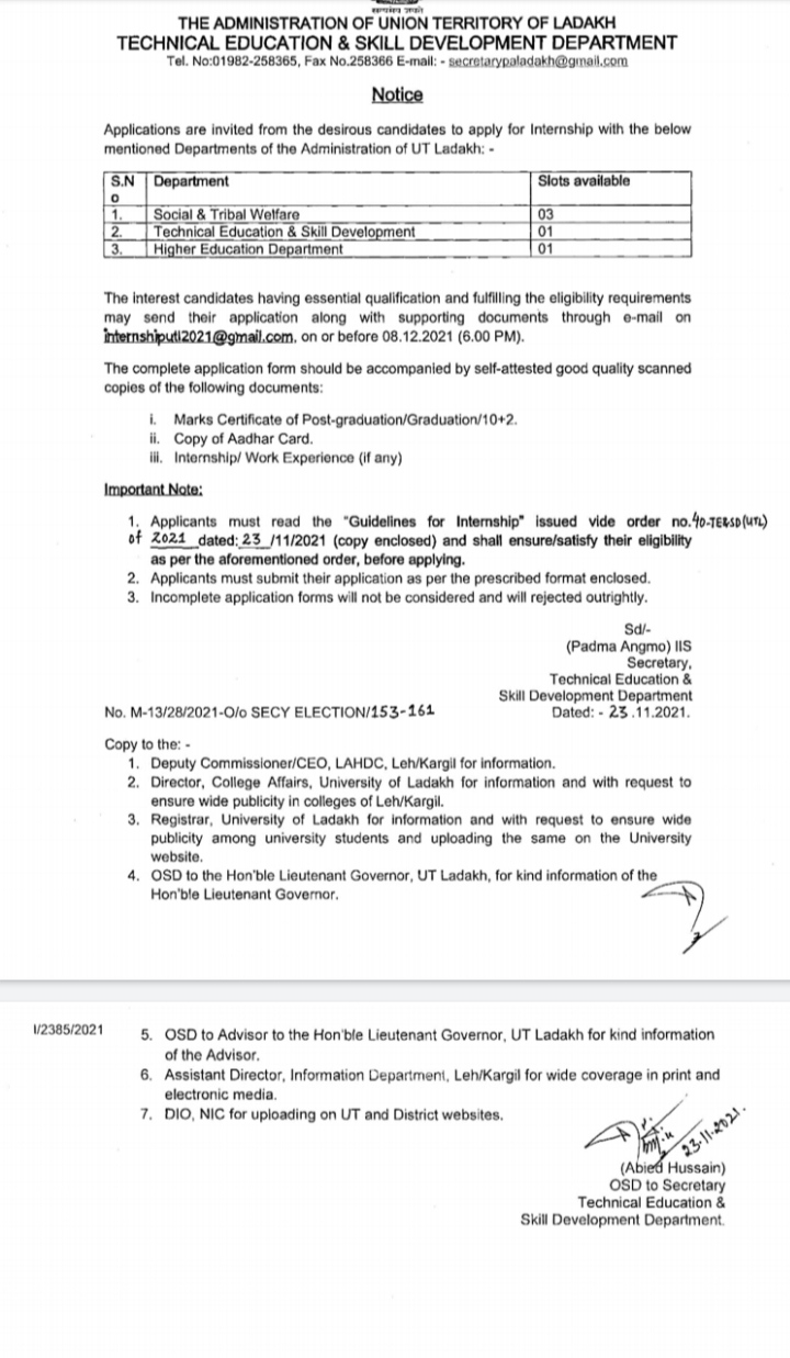 Extension of last date for online application for various contractual  positions in University of Ladakh.